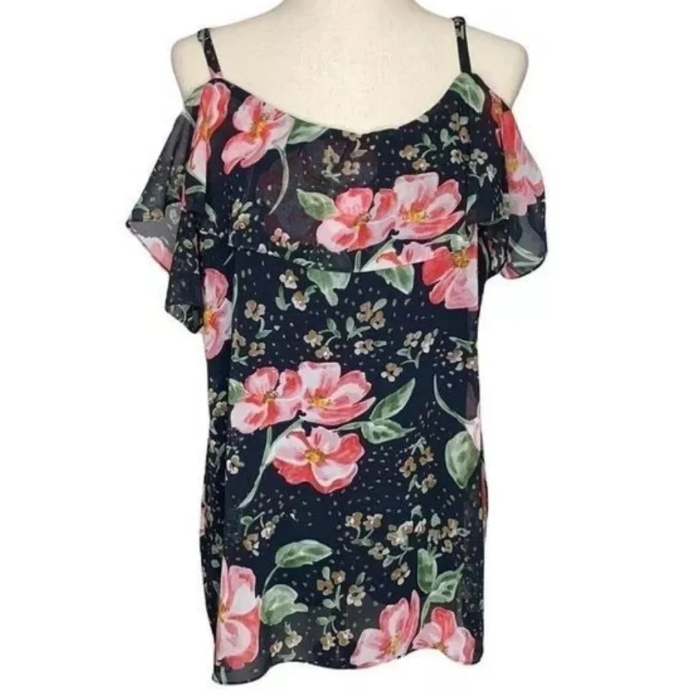 Cabi‎ #5220 Fairytale Floral Cold Shoulder Ruffle Sleeve Blouse Sz L blue